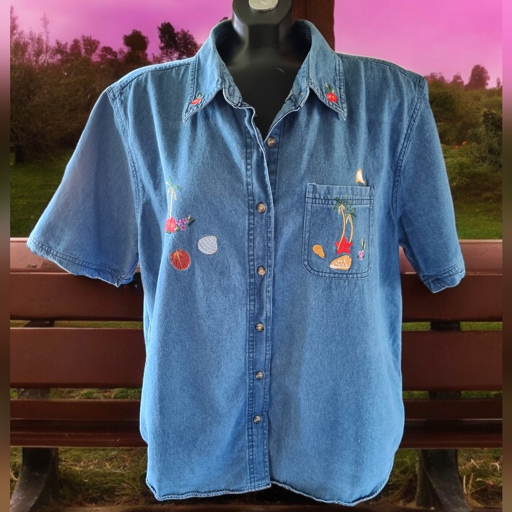 Cabin Creek Embroidered Palm Trees Sea Shells & Floral Denim Button Down Shirt